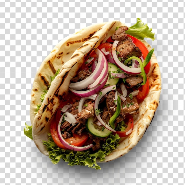 a taco with meat vegetables and cheese on a checkered background