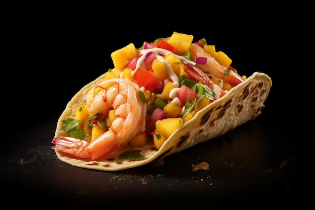 Photo a taco with shrimp mango salsa and a sprinkle of lim