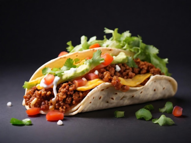 A taco with a variety of ingredients including tomatoes lettuce Ai generated