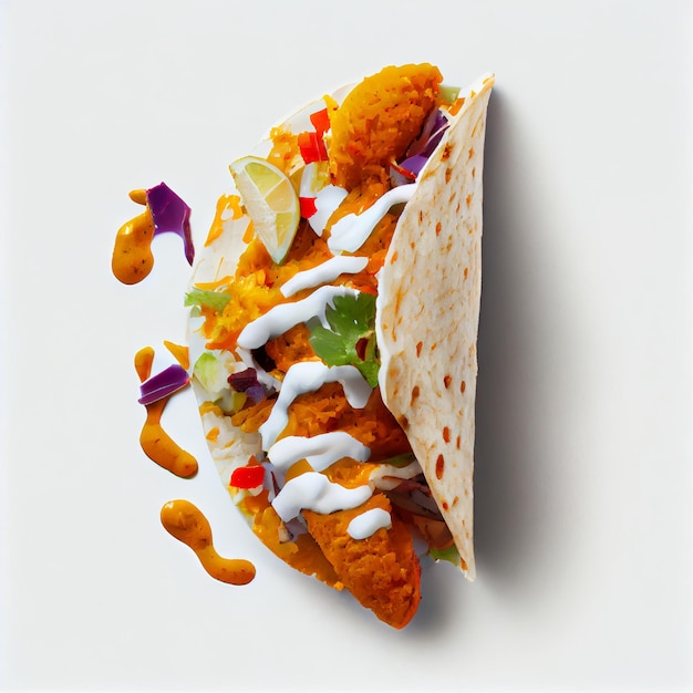 Taco with a white sauce and vegetables on a white background