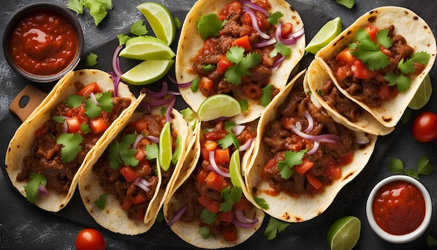 tacos are served on a table with other tacos