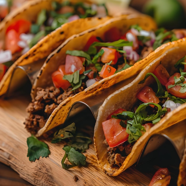 Photo tacos are served on a wooden board with other tacos