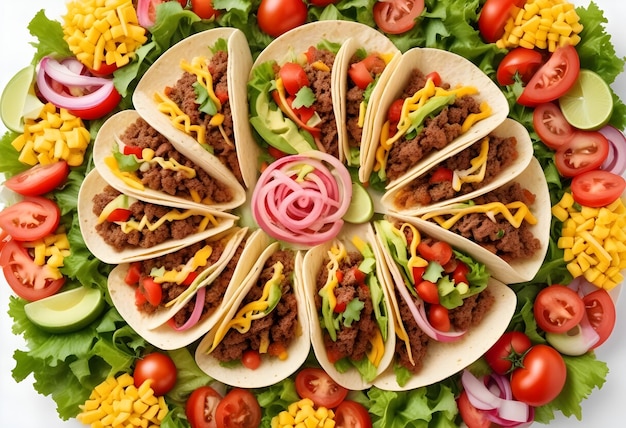 Photo tacos arranged in a perfect spiral pattern viewed from the top