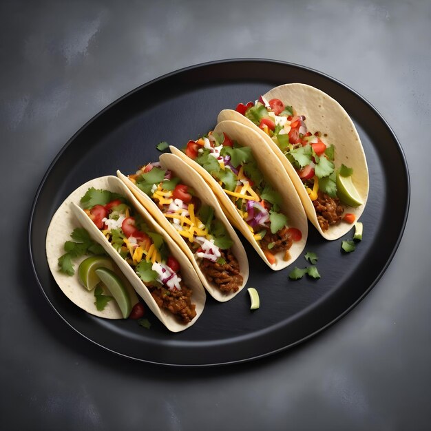 Tacos on a black plate isolated dark background