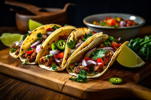 Tacos on a board in a kitchen AI generative