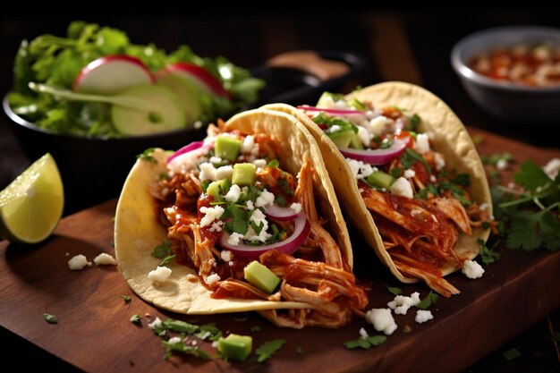 Tacos de tinga with shredded chicken chipotle sauce and avocado