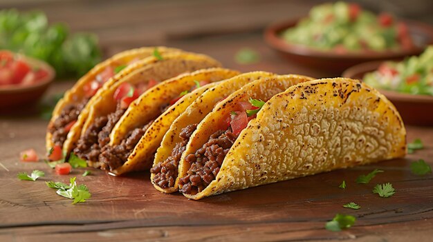 Tacos filled with beef cooked in tomato sauce and served with salsa Mexicanstyle