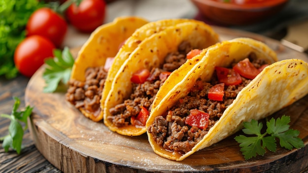 Tacos filled with beef cooked in tomato sauce and served with salsa Mexicanstyle