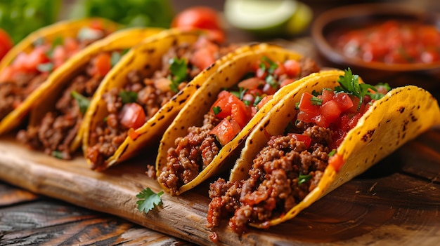 Tacos filled with beef cooked in tomato sauce and served with salsa Mexicanstyle