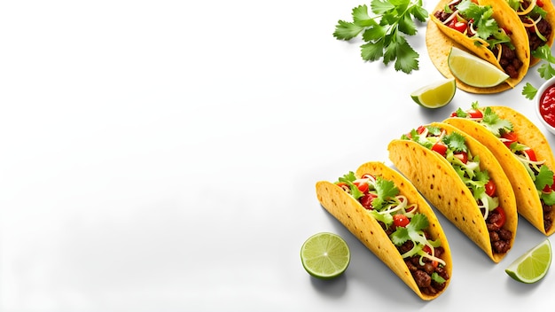 Tacos and a lime on a white background