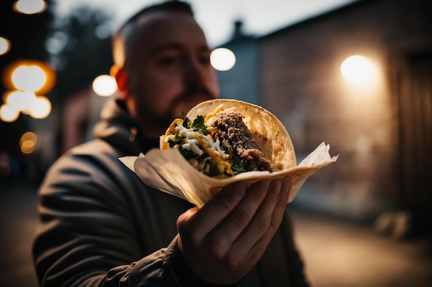 Tacos at night A man holding Mexican tacos against the backdrop of a city at night