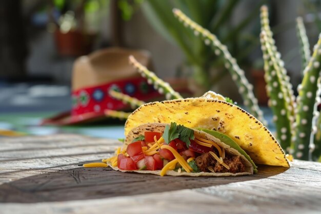 Photo tacos placed on top of a wooden table showcasing their vibrant colors and appetizing ingredients