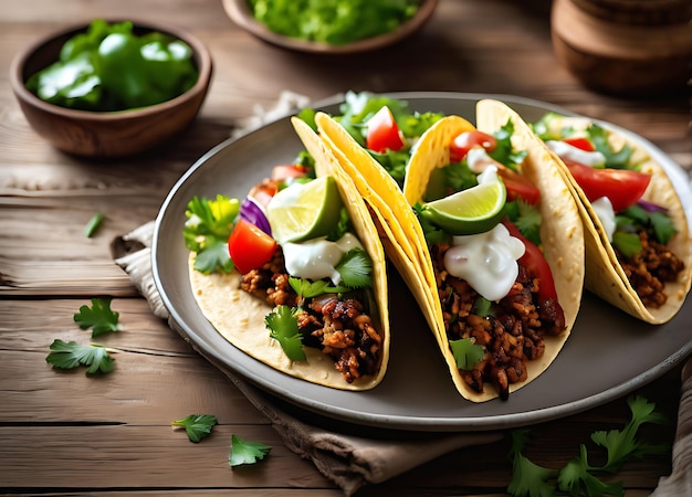 Photo tacos rustic red brick background food photography