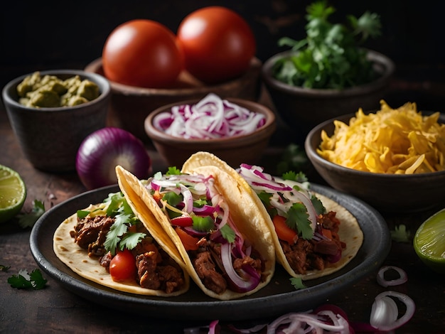 Tacos and tortillas are served on a table