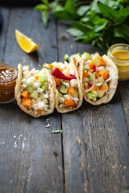 tacos vegetable doner kebab flatbread taco on the table healthy meal snack copy space food