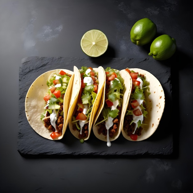 Tacos with beef in tomato sauce and salsa on black cooking rock lime next to it top view