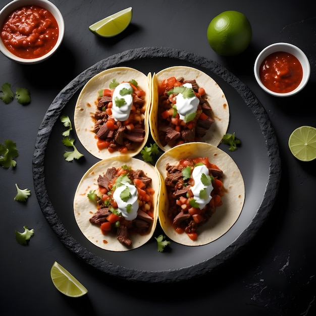 Tacos with beef in tomato sauce and salsa on black cooking rock lime next to it top view