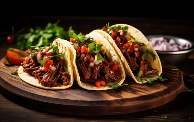 Tacos with minced meat cheese and vegetables on wooden board