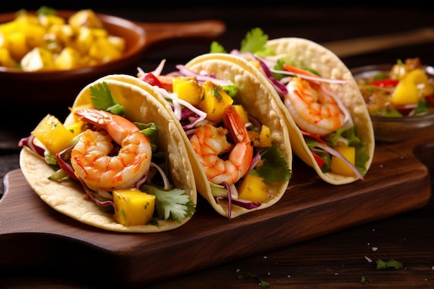 Tacos with shrimp mango and sesame on wooden table