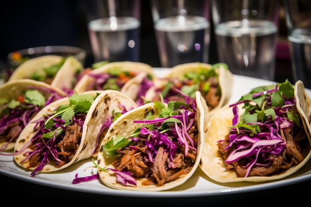 Tacos with tequila glass and flowers to event