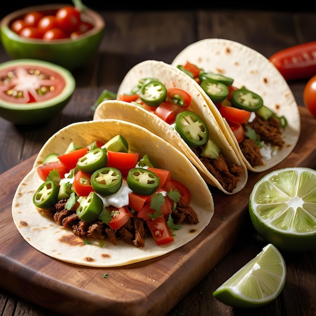 Tacos on a wood chopper with tomatos jalapeno and lime