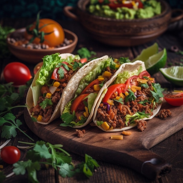 Tacos on a wooden board with a bowl of guacamole and tomatoes