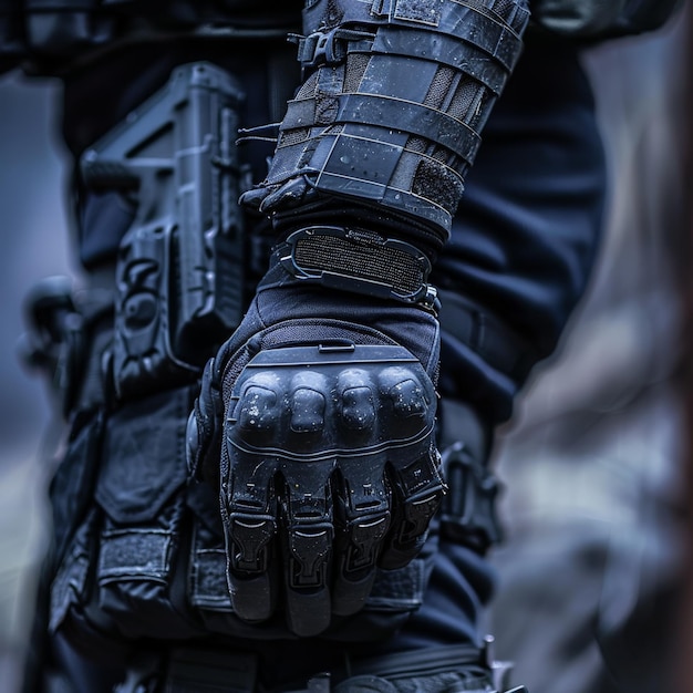 Photo tactical gear closeup armored glove firearm utility belt and combat uniform ready for action in intense field operation