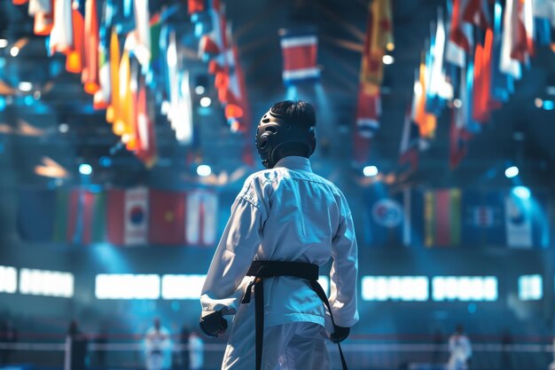 Photo taekwondo athlete in traditional uniform standing confidently in olympic arena with flags above