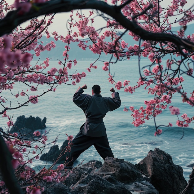 A taekwondo person is doing warmup stretching exercises before starting activities in the evening a