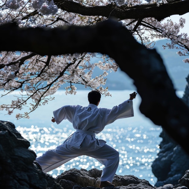 Photo a taekwondo person is doing warmup stretching exercises before starting activities in the evening a