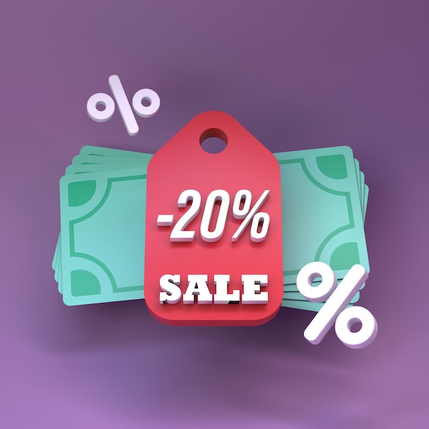 Tag discount 20 percent Sale concept 3d render