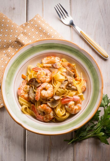 Tagliatelle with shrimp and porcino mushroom