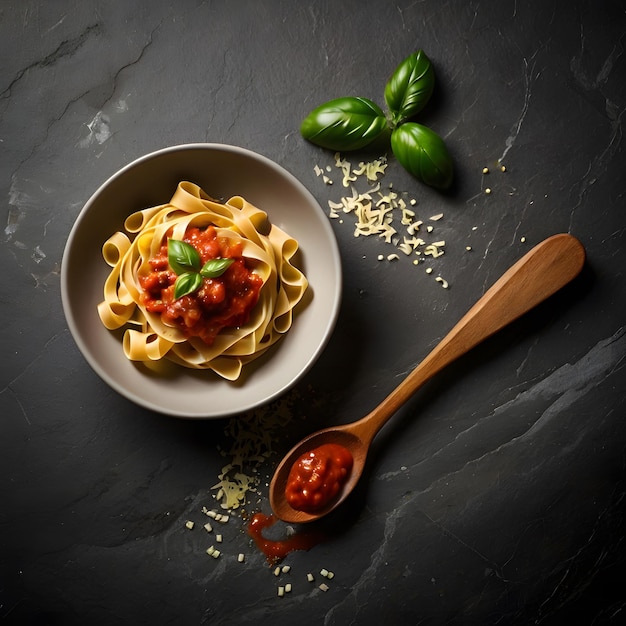 Tagliatelle with tomato sauce on stone background