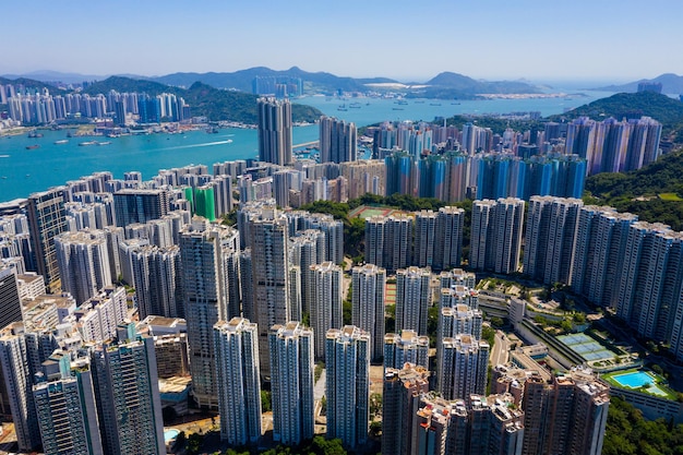 Tai Koo, Hong Kong 22 September 2019: Top view of Hong Kong city