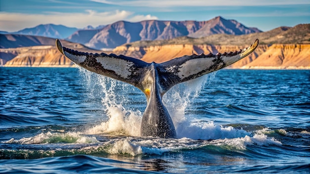 Tail fin of the mighty humpback whale above surface of the ocean Scientific name Megaptera novaea