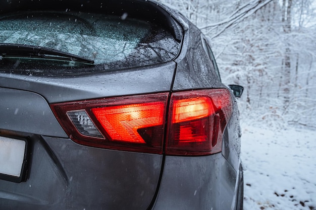 The tail light of the car is close up in the background of the winter forest