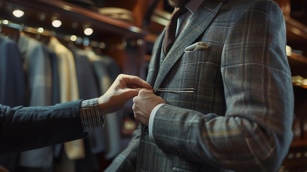 Photo a tailor is carefully measuring a customer for a custommade suit in histhe customer is wearing a suit jacket and tie while the tailor is using a