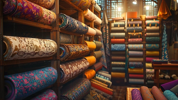 Tailor shop with neat display of colorful fabric rolls