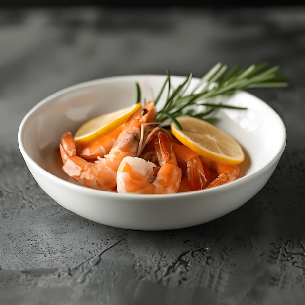 Tails of Shrimps with Fresh Lemon and Rosemary in a Dish