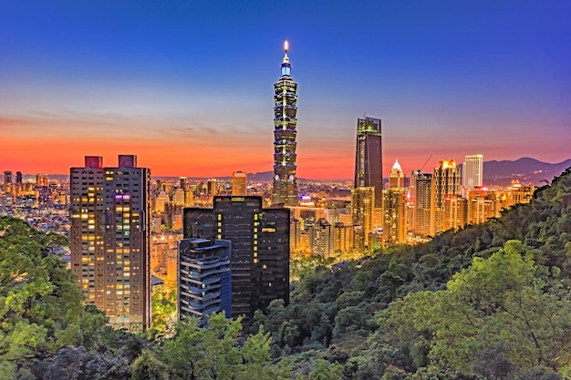 Taipei Taiwan city skyline at sunset from view of Taipei City make a hike to the top of Elephant Mountain