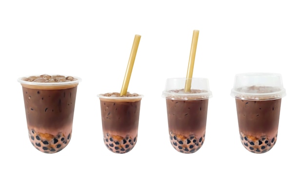 Taiwan bubble milk tea on white background Chocolate and strawberry with black bubble Chocolate Taiwan bubble milk tea