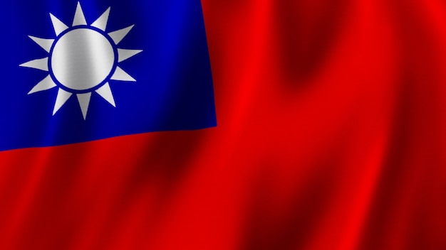 Taiwan Flag Waving Closeup 3D Rendering With High Quality Image with Fabric Texture