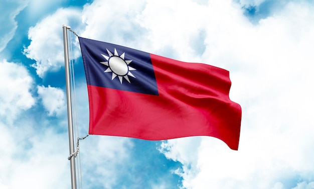 Taiwan flag waving on sky background 3D Rendering