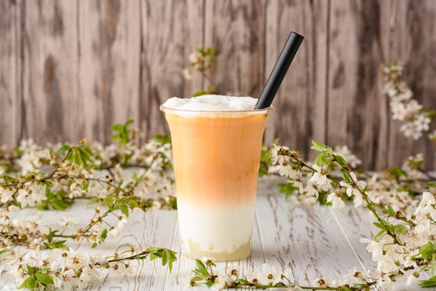 Taiwan milk tea with bubble on wood background