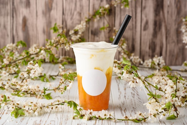 Taiwan milk tea with bubble on wood background