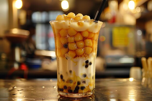 Photo taiwanese bubble tea with tapioca pearls is waiting on bar