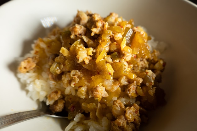 Taiwanese famous food of braised pork on rice, closeup image