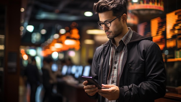 A Taiwanese university student back facing the camera intently using a smartphone for investment