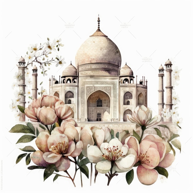 The taj mahal in the watercolor illustration