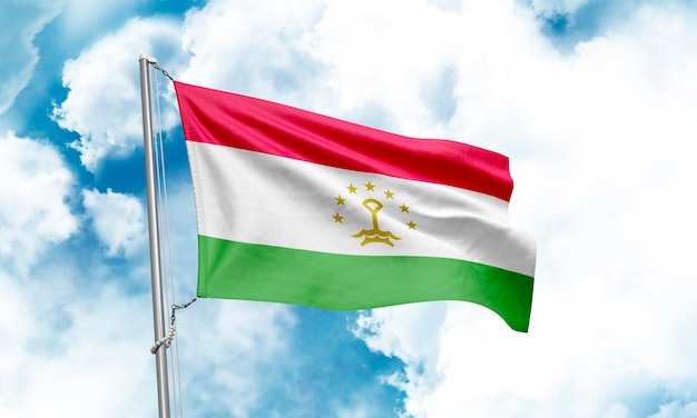 Tajikistan flag waving on sky background 3D Rendering